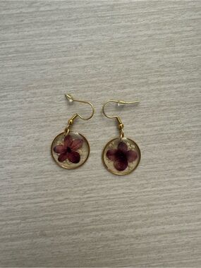 Gold Drop Earrings with Preserved Purple Flowers